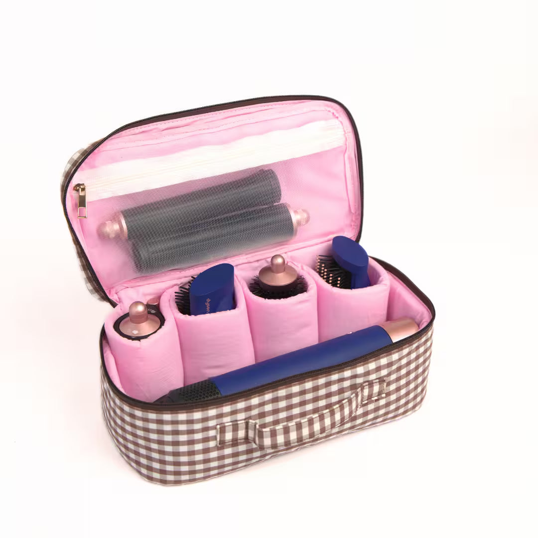 Brown gingham Dyson Airwrap travel pouch with pink detailing and organised compartments