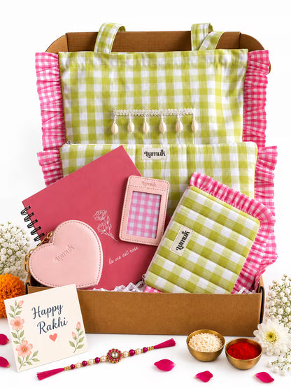 Green & Pink Gingham Rakhi Hamper