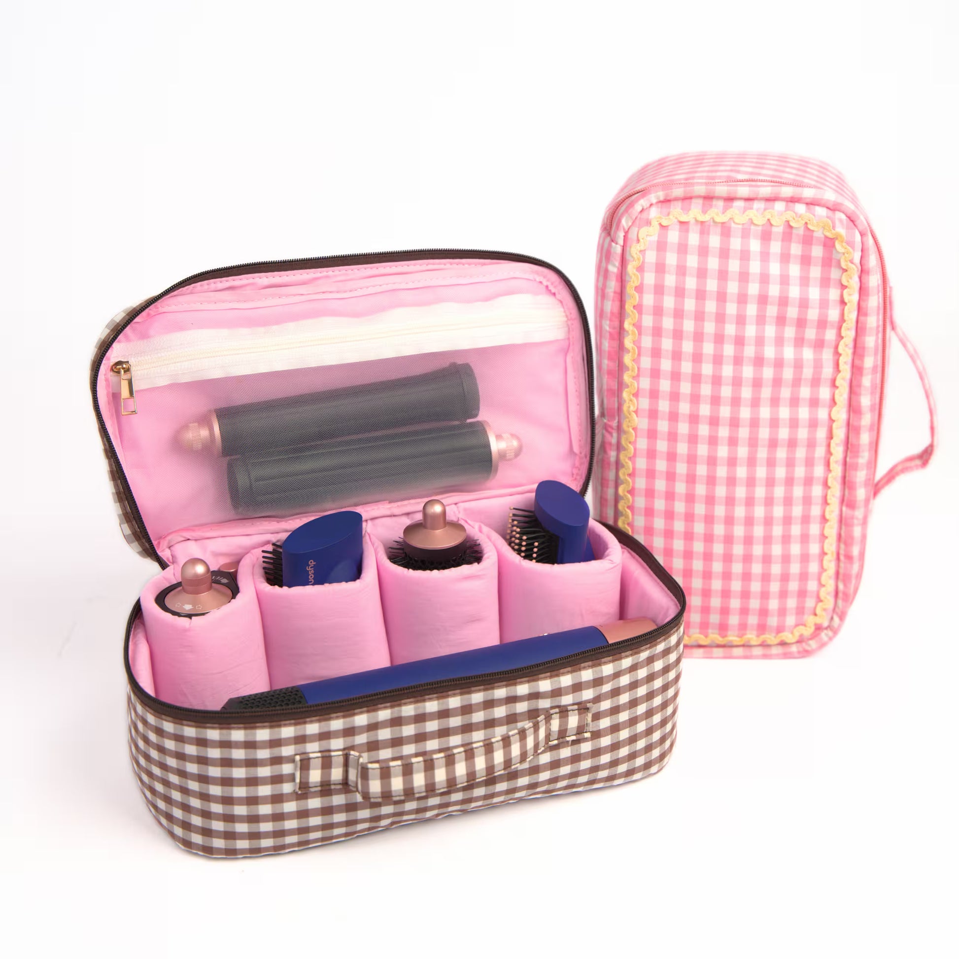 Brown gingham Dyson Airwrap travel pouch with pink detailing and organised compartments